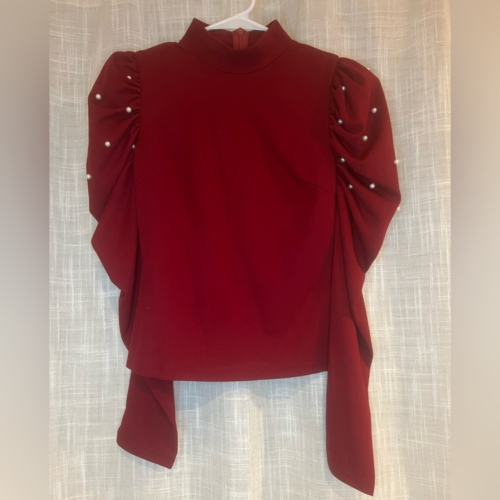 SHEIN CRANBERRY SWEATER WITH PUFF SLEEVE AND PEARLS